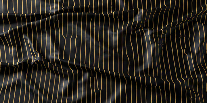 Black fabric with gold vertical stripes a textured and draped material pattern