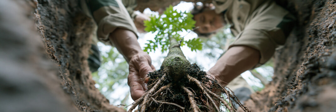 A person planting a young tree in a forested area, showcasing dedication to nature.