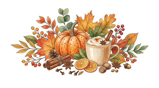Watercolor autumn composition with pumpkin, coffee mug, and spices isolated on transparent background