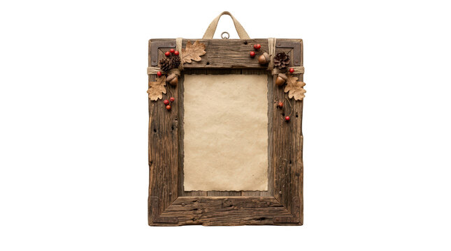 Rustic wooden picture frame decorated with autumn leaves, acorns, pine cones, and red berries isolated on transparent background