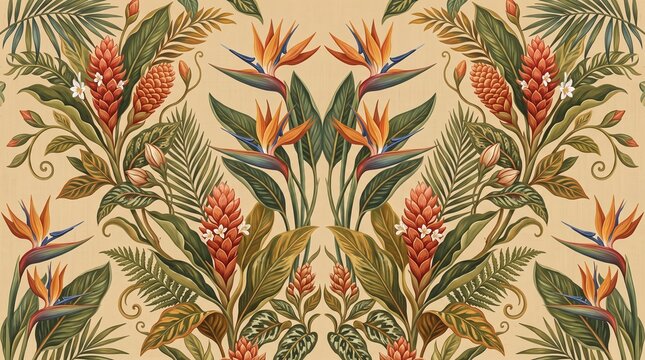 Retro tropical botanical pattern with bird of paradise and ginger lilies