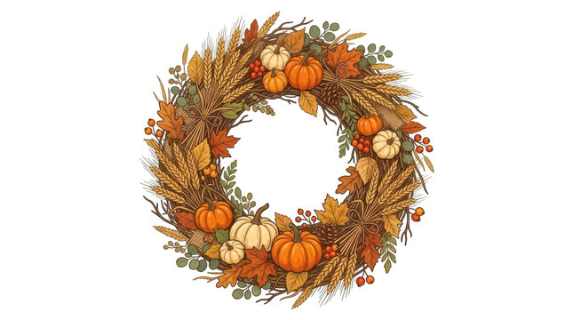 Autumn harvest wreath with pumpkins, wheat, and fall leaves isolated on transparent background