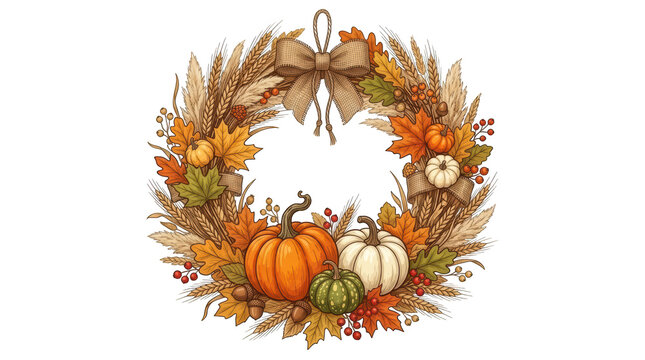 Autumn harvest wreath with pumpkins, wheat, and fall leaves isolated on transparent background