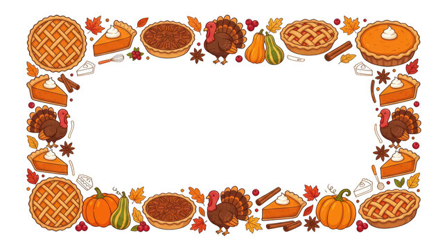 Thanksgiving border frame with turkey, pumpkin pie, autumn leaves, and gourds isolated on transparent background