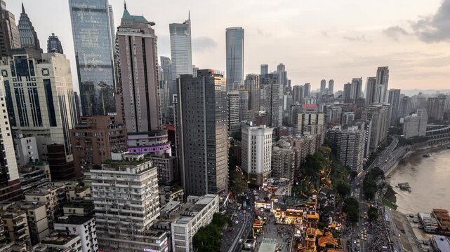Chongqing cyberpunk city skyline with river and hongyadong sunset