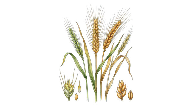 Botanical illustration of various wheat and cereal grain stalks with individual seeds isolated on transparent background