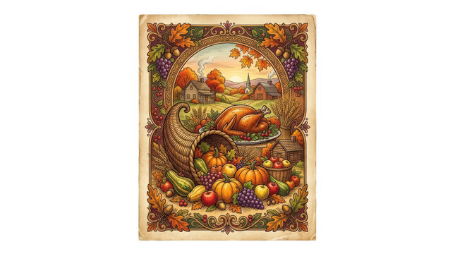 Vintage thanksgiving cornucopia illustration with roasted turkey and autumn harvest isolated on transparent background
