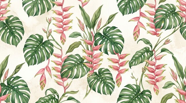 Seamless watercolor tropical pattern with monstera leaves and pink heliconia flowers