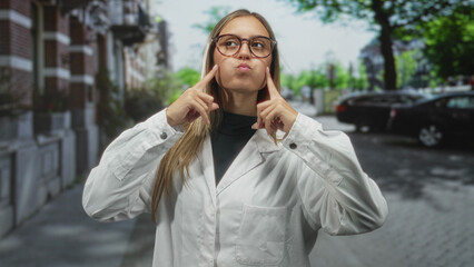 Fototapeta premium Woman with glasses in white lab coat puckers lips on a street lined with parked cars and brick buildings; playful confidence.