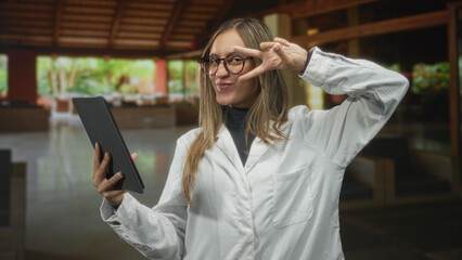 Woman holding tablet making peace sign with fingers, wearing white shirt and glasses in a hotel building lobby  joyful leisure. © Krakenimages.com