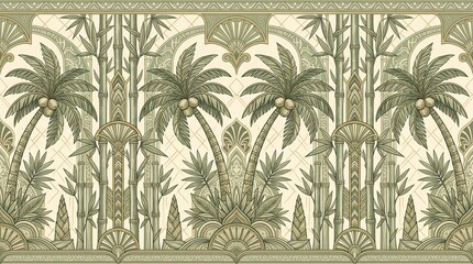 Vintage Art Deco Tropical Pattern with Palm Trees and Bamboo