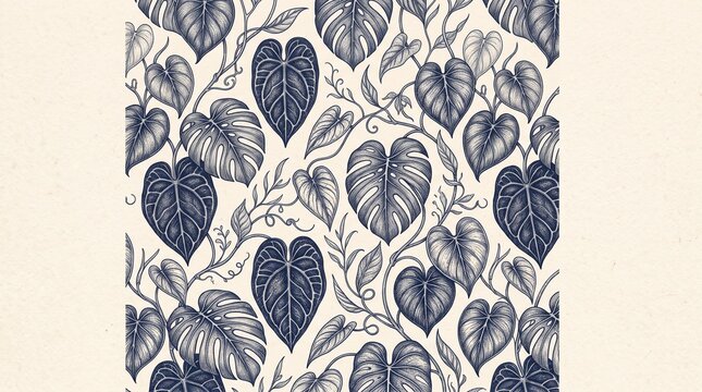 Vintage Engraving Style Tropical Leaves Seamless Pattern