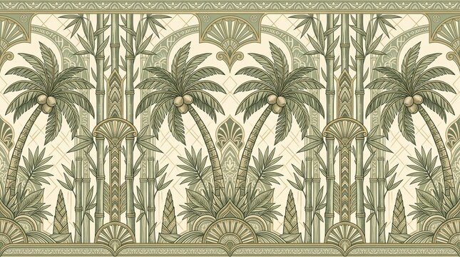 Vintage Art Deco Tropical Pattern with Palm Trees and Bamboo