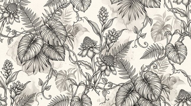 Vintage monochrome tropical seamless pattern with monstera leaves and ginger flowers