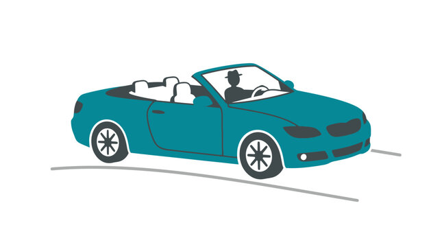 Minimalist vector illustration of a teal convertible sports car driving on a road with a driver