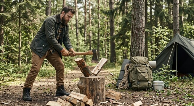 Man chopping wood with an axe in the forest. Camping and hiking gear concept