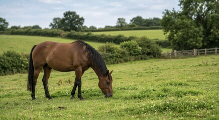 Obraz premium Brown horse grazing in a green pasture. Domestic animal in a rural field. World Animal Day concept