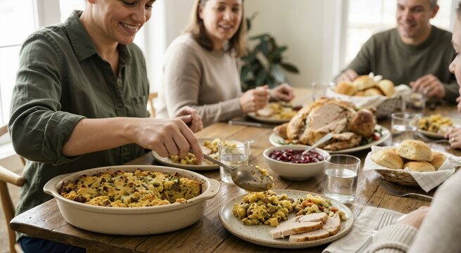 Family sharing Thanksgiving dinner at a wooden table. Woman serving homemade stuffing from a baking dish onto a plate