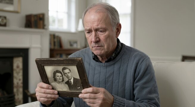 Sad senior man holding old framed photograph of a couple. Elderly widower remembering the past and mourning loss in living room