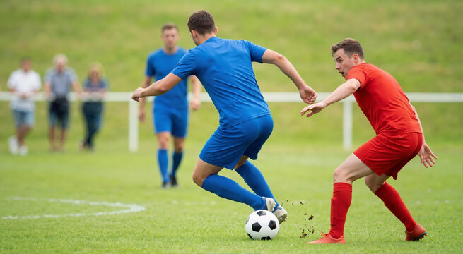 Soccer player in blue uniform executing a turn to evade a tackle. Athlete dribbling the ball past a defender in red on a green grass pitch. Dynamic football match action