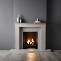 Obraz premium Modern stone fireplace with burning logs and decorative vases on a dark gray wall in a contemporary living room, the light from the fire reflects on the light wood floor