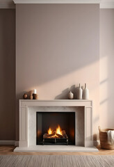 Obraz premium Modern living room interior with a lit fireplace, minimalist decor, and warm sunlight creating a cozy atmosphere