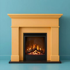 Obraz premium Modern yellow fireplace with burning firewood