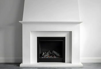 Obraz premium Modern white fireplace with a minimalist design and gas logs, home interior architecture and renovation