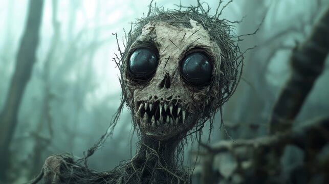 Decaying creature with large eyes and sharp teeth, covered in vines and roots, in a misty forest.