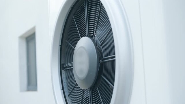 Modern outdoor air-source heat pump unit with a large fan on a white residential building wall, low angle view.