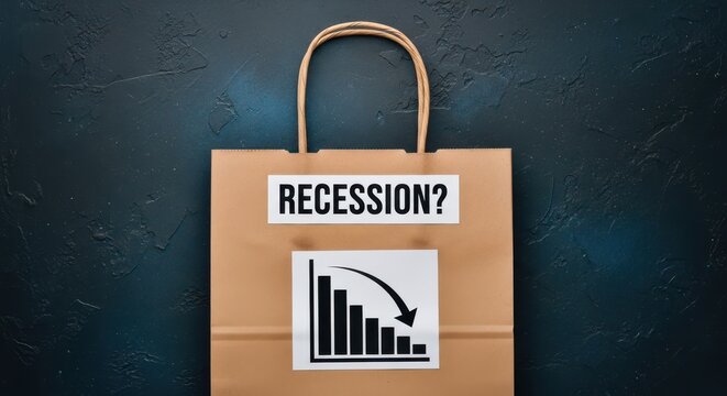 Brown paper shopping bag with recession question label and declining bar chart economic