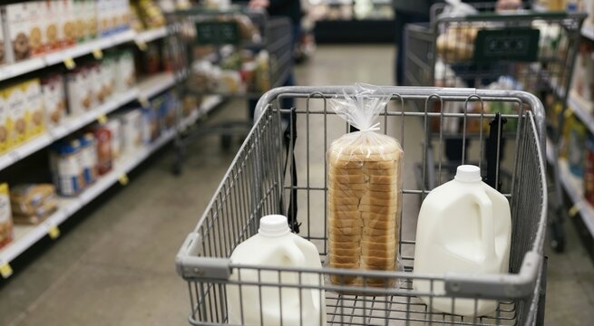 Shopping cart with bread and milk in supermarket. Inflation and rising food costs concept