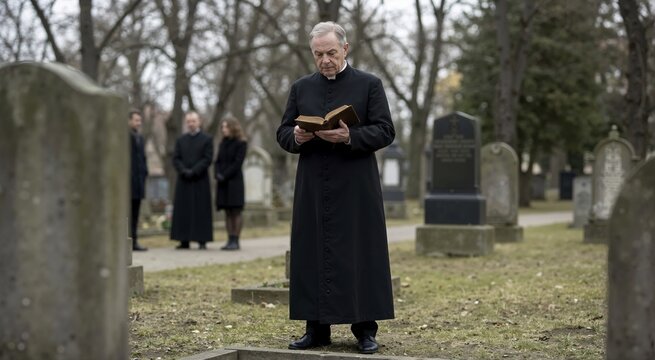 Priest reading from the Bible at a cemetery. Clergy member in black robes conducting a funeral service by a grave