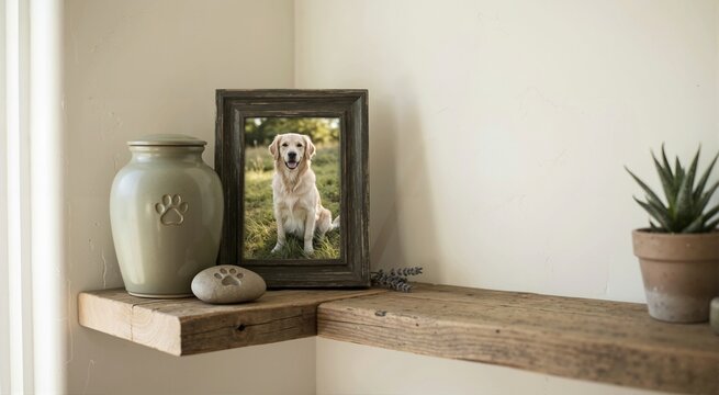 Pet cremation urn and framed dog photo on a rustic wooden shelf. Golden retriever memorial display with paw print stone and lavender. Pet loss and remembrance concept