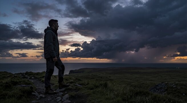 Silhouette of man watching distant lightning storm over ocean. Severe weather and climate concept