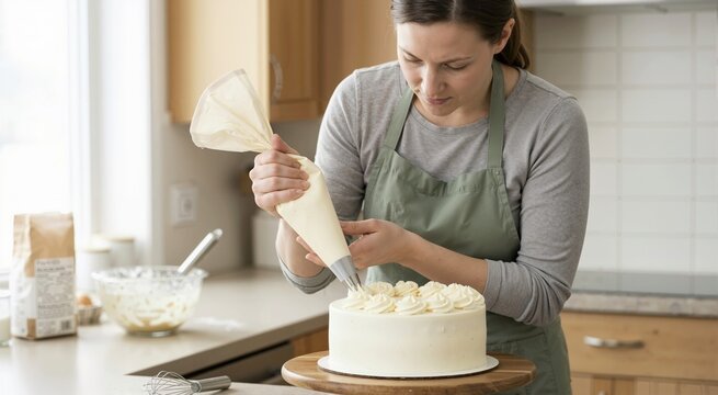 Woman in a green apron piping white buttercream frosting onto a cake. Baker decorating a homemade dessert on a wooden turntable in a kitchen. Culinary hobby and pastry making