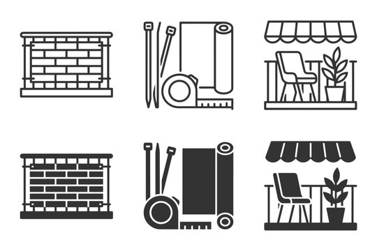 Set of balcony design icons with parapet railing and decor elements.
