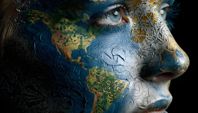 A human face integrated into a world map. Body art on the face in the form of a world map. Planet Earth and people.