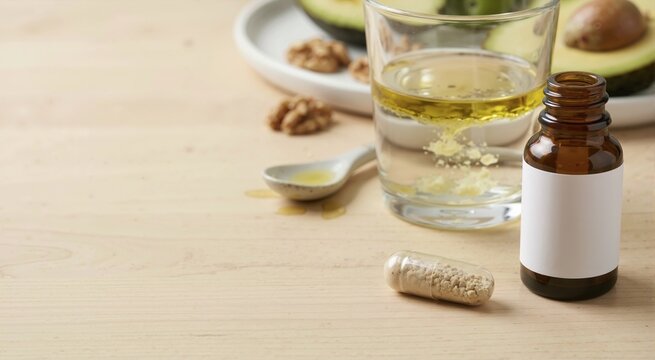 Lipase enzyme capsule for fat digestion. Dietary supplement with healthy fats and avocado on a wooden table
