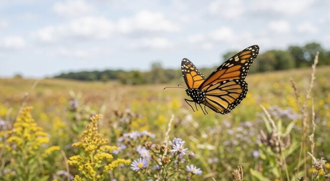 Monarch butterfly flying over a field of wildflowers. Butterfly migration and nature concept