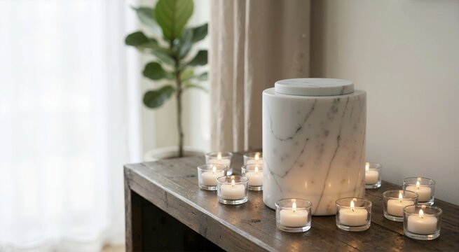 Modern minimalist marble cremation urn on wooden table. White stone memorial vessel surrounded by burning tea light candles