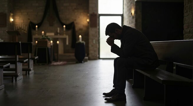 Silhouette of a grieving man sitting on a church pew. Lonely male mourner praying at a funeral service with candles in the background