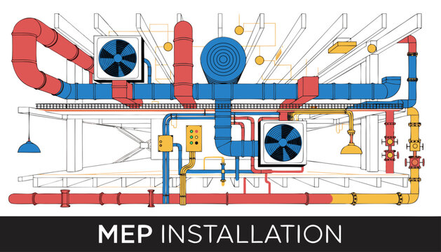 Very beautiful realistic vector illustration of MEP INSTALLATION featuring a bold engineering label reading "MEP INSTALLATION", organized electrical conduits, HVAC air ducts, plumbing pipelines, cable