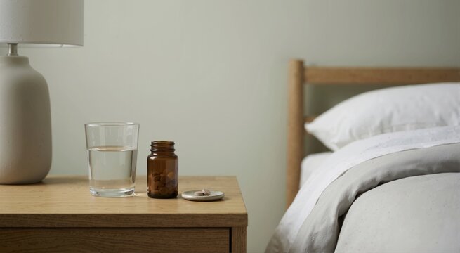 Melatonin tablets and a glass of water on a bedside table. Sleep aid and bedtime routine concept