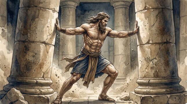 Muscular Samson pushing against giant stone temple pillars. Watercolor illustration of Old Testament hero breaking columns