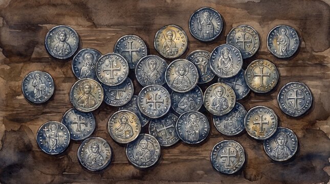 Thirty ancient silver coins scattered on a dark wooden table. Watercolor illustration of New Testament betrayal concept