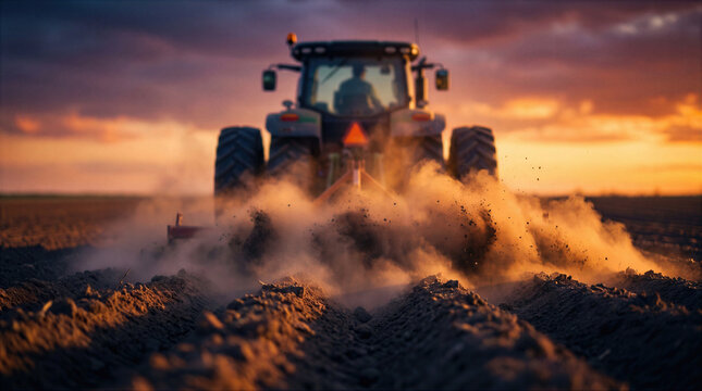 Powerful tractor plowing agricultural field at sunset while a farmer works the soil. Heavy farm machinery cultivates the rural land, kicking up dust and dirt during the busy harvest season