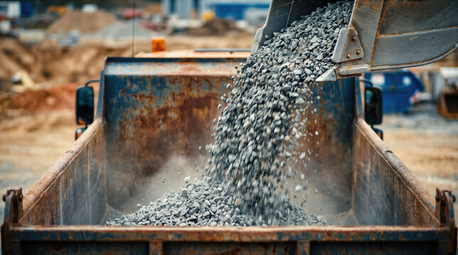 Gravel and crushed stone pour into a rusty dump truck at a busy construction site. Heavy machinery and excavator bucket unload aggregate material for building and road infrastructure work.