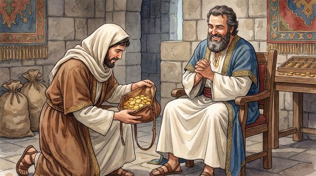 Servant presenting a pouch of gold coins to a smiling master. Watercolor illustration of the biblical parable of the talents. Ancient historical interior scene