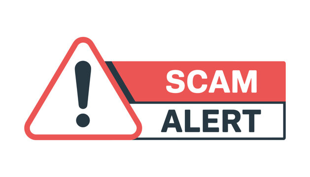 Scam Alert Warning Sign. A graphic illustration of a warning sign with a red triangle, an exclamation mark, and a banner stating SCAM ALERT, symbolizing deception and caution.
